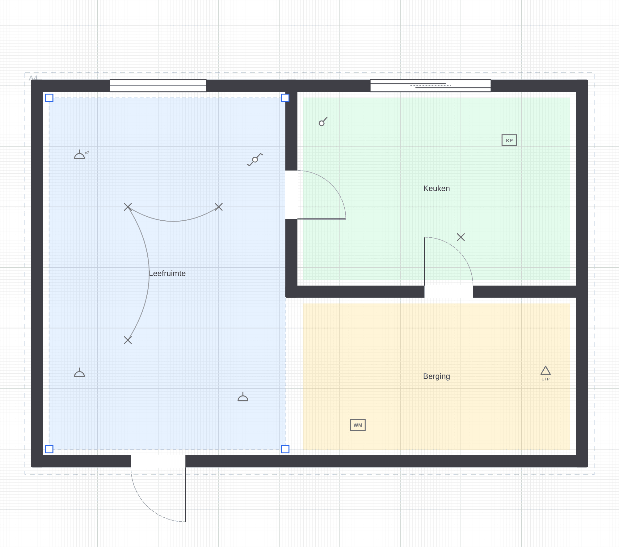 Situatieplan van een gelijkvloers met leefruimte, keuken en berging: muren, deuren en ramen, met de symbolen op hun plaats en de verbindingsbogen tussen de lichtpunten.